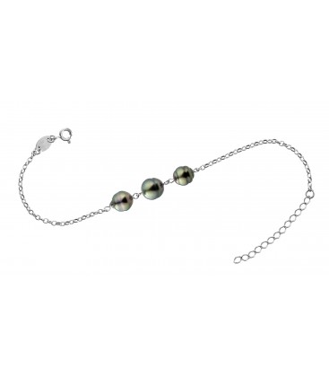 Bracelet chaine forcat argent + 3 perles de tahiti cerclees