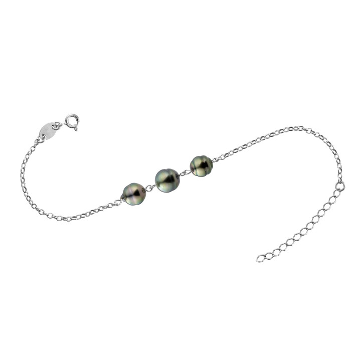 Silver trace chain bracelet + 3 circled Tahitian pearls