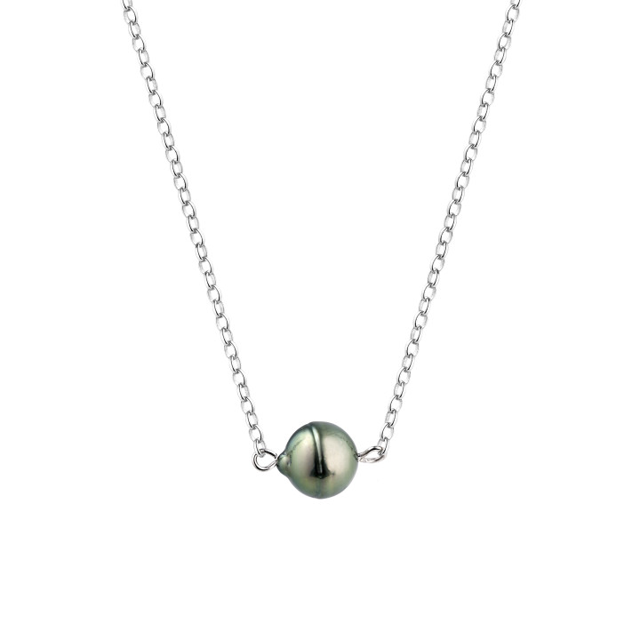 Silver trace chain necklace + 1 circled Tahitian pearl