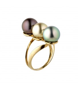 BAGUE OR 18 CARAT 3,70 GR + 3 PERLES DE TAHITI RONDES 9/10 MM