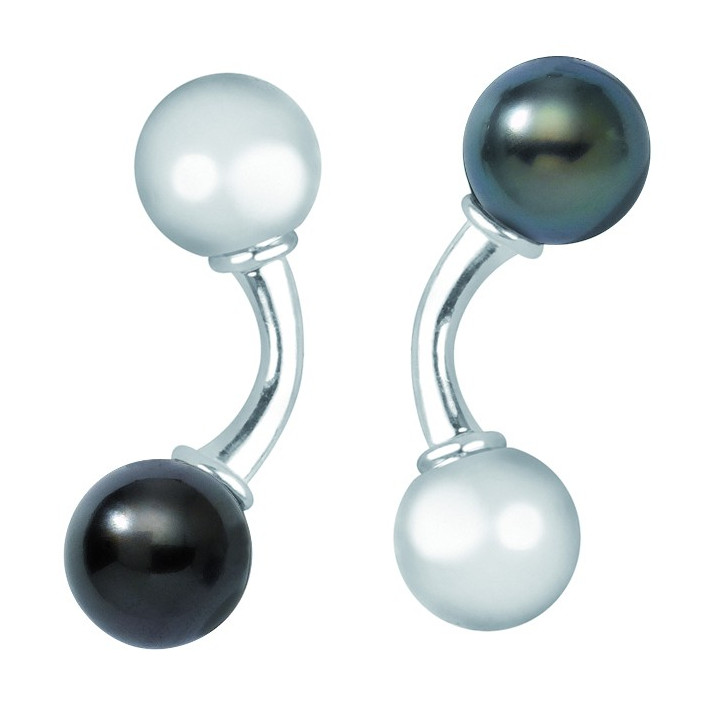 Silver cufflink + 2 round Tahitian pearls