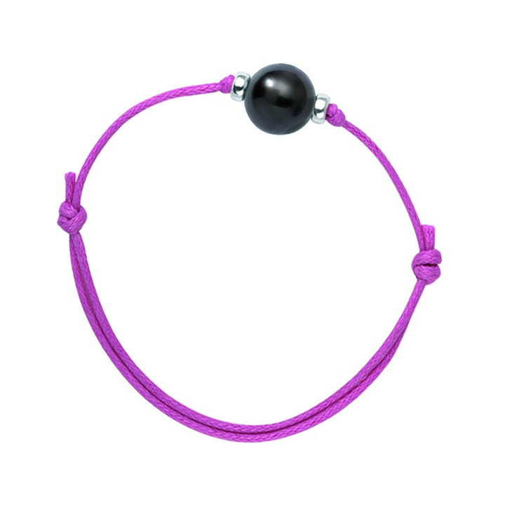 Waxed cotton cord bracelet 1 round Tahitian pearl + silver ferrule