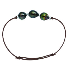Waxed cotton cord bracelet + 3 circled Tahitian pearls + silver ferrule