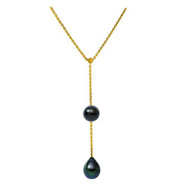 18ct gold Y trace chain + 1 round Tahitian pearl 8/9 mm and 1 Tahitian drop pearl 9/10 mm