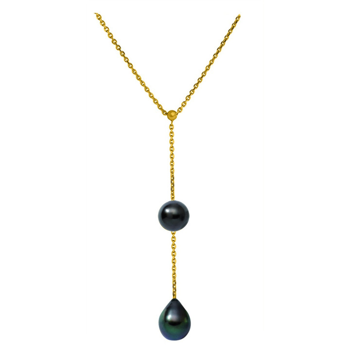 18ct gold Y trace chain + 1 round Tahitian pearl 8/9 mm and 1 Tahitian drop pearl 9/10 mm