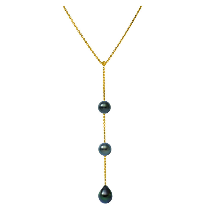 18ct gold Y trace chain + 2 round Tahitian pearls 8/9 mm and 1 Tahitian drop pearl 9/10 mm