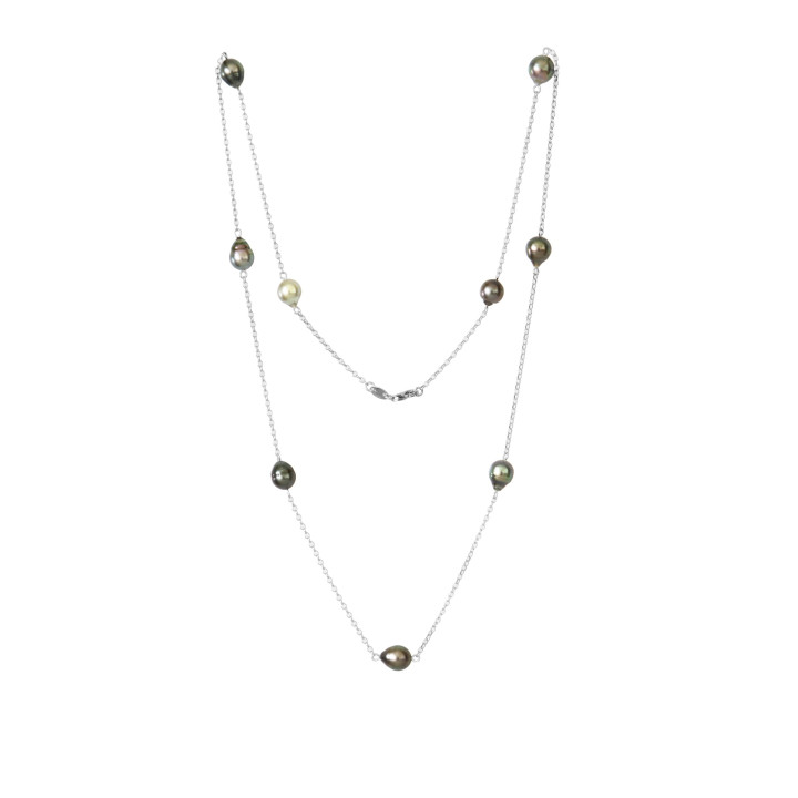 Silver trace chain long necklace + 9 Tahitian pearls