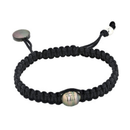 Bracelet 1 circled Tahitian pearl 8/10 mm on waxed cotton cord