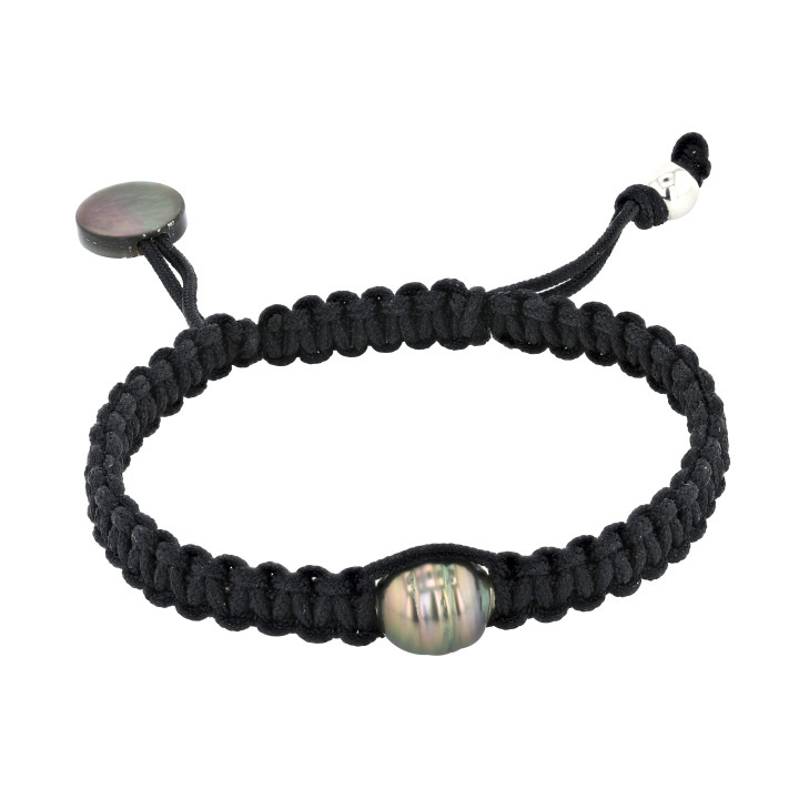 Bracelet 1 circled Tahitian pearl 8/10 mm on waxed cotton cord