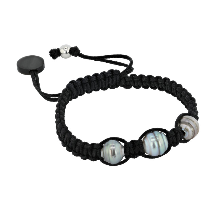 Bracelet 3 circled Tahitian pearls 8/10 mm on waxed cotton cord