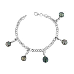 Silver chain bracelet + 5 circled Tahitian pearls