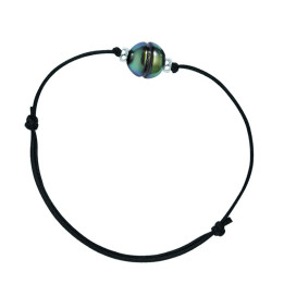 Waxed cotton cord bracelet + 1 circled Tahitian pearl + silver ferrule