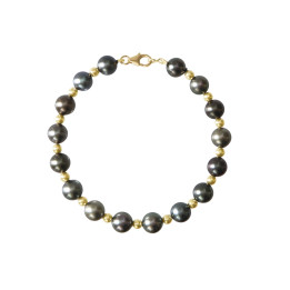 Bracelet perle de tahiti rondes 8/10 mm boule 4 mm, fermoir anneau marin or 18 cts