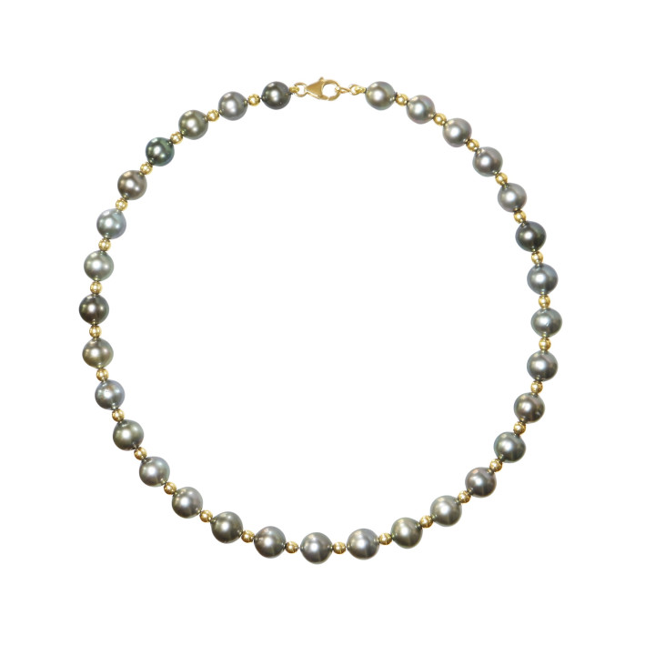 Strand of round Tahitian pearls 8/10 mm 42 cm 4mm gold bead, 18ct gold lobster clasp