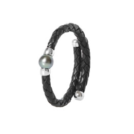 Bracelet cuir argent + 1  perle de tahiti ronde