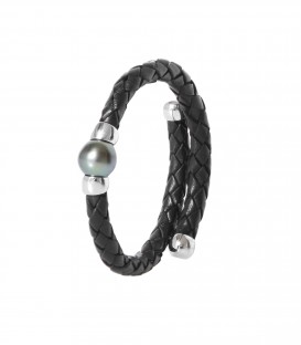 Bracelet cuir argent + 1 perle de tahiti ronde