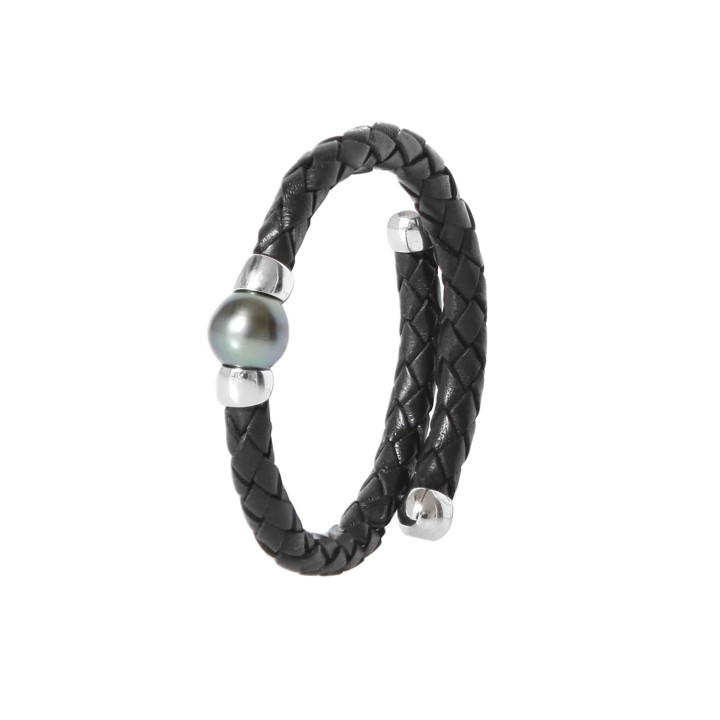Silver leather bracelet + 1 round Tahitian pearl