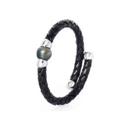 Bracelet cuir argent + 1 perle de tahiti cerclee