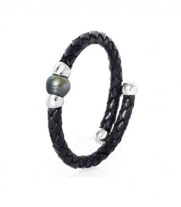 Bracelet cuir argent + 1 perle de tahiti cerclee