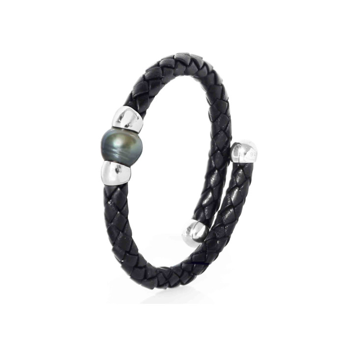 Silver leather bracelet + 1 circled Tahitian pearl