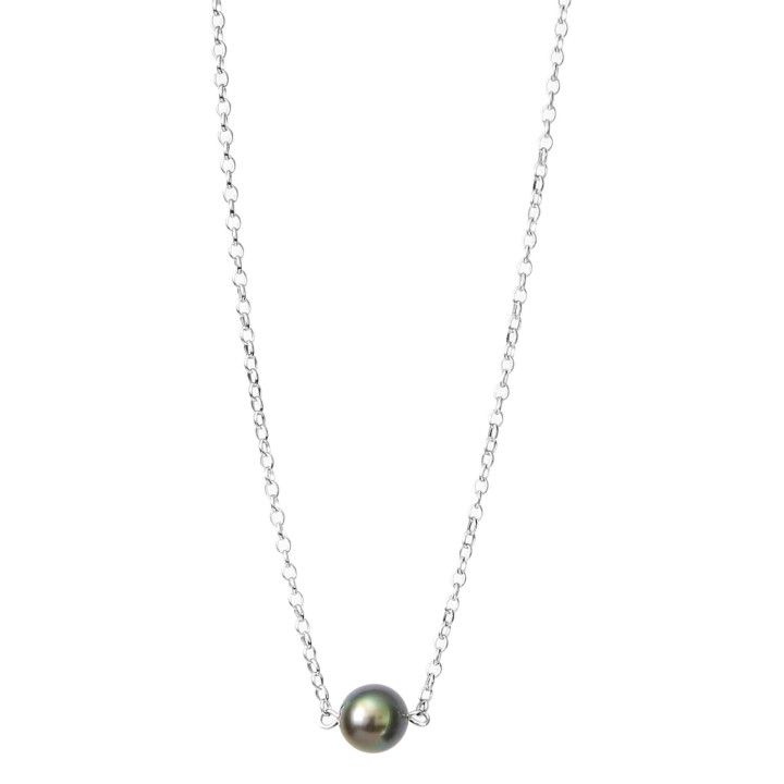 Silver trace chain necklace + 1 round Tahitian pearl