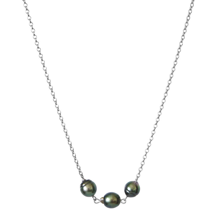 Silver trace chain necklace + 3 circled Tahitian pearls